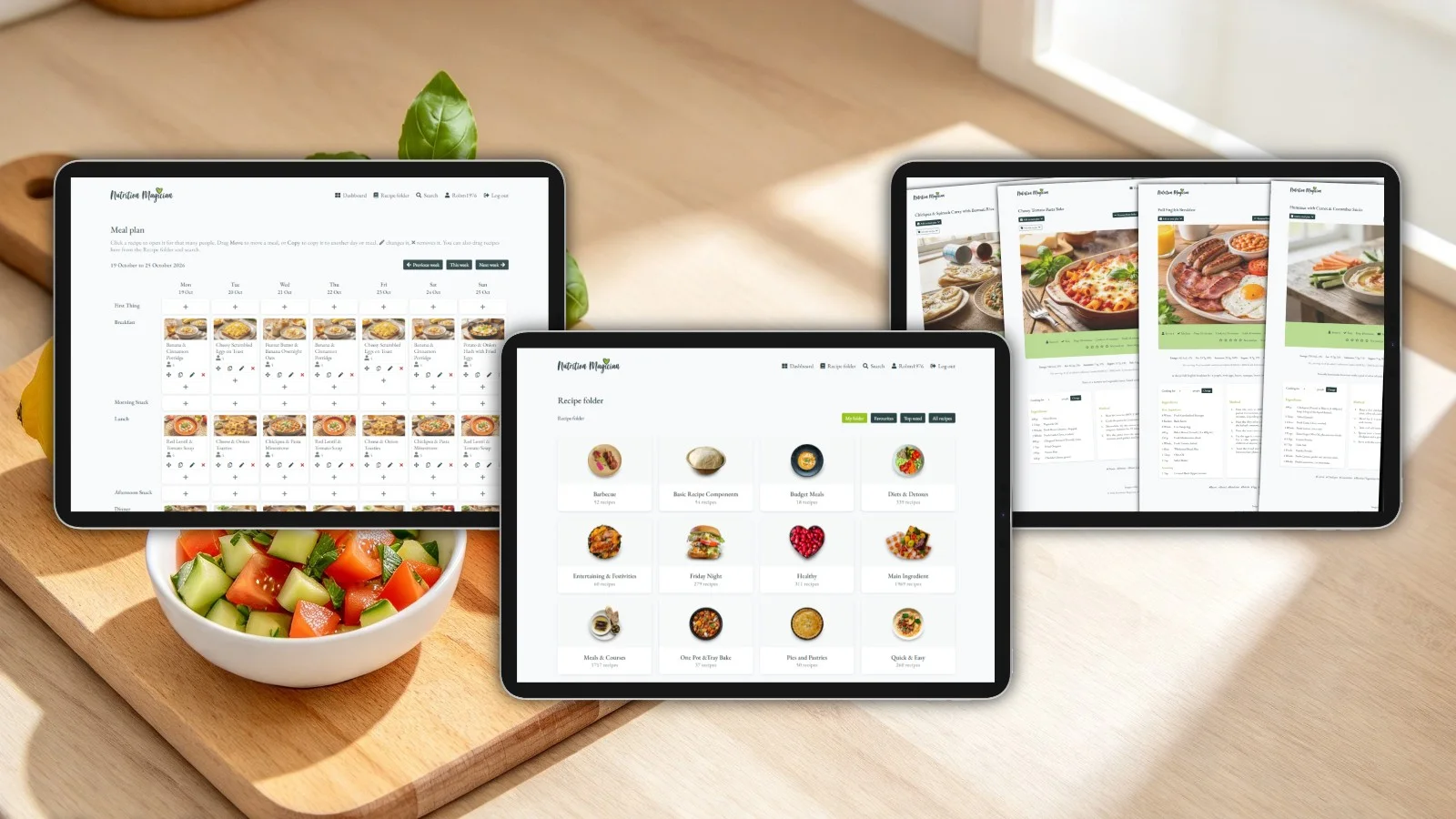 Nutrition Magician on a tablet, a laptop and a phone: the recipe folder, a week of meals planned, and the shopping list