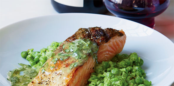 Poached Salmon with Mushy Peas and Salad