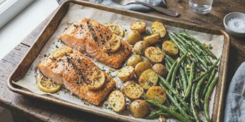 Baked salmon with potatoes and green beans