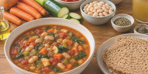 Homemade vegetable and bean soup with wholemeal bread