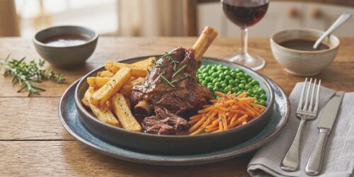 Lamb Shanks, Chips, Peas and Carrots