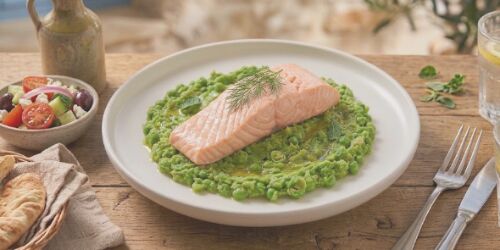 Poached Salmon with Mushy Peas and Salad